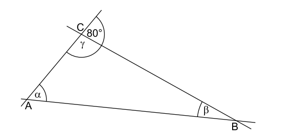 Geometrische Zeichnung mit Winkeln an den Punkten A, B und C sowie den Bezeichnungen α, β, γ und 80°